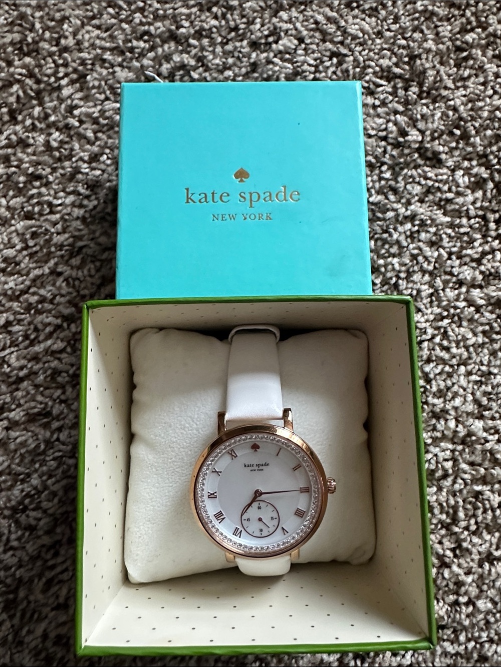 kate spade White Leather Strap Rose Gold Crystal Bezel Women's Watch